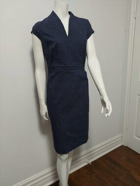Tribal Navy Blue & White Geometric Print Cap Sleeve Sheath Dress - Size 8 EUC